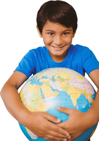 Happy child hugging globe with transparent background