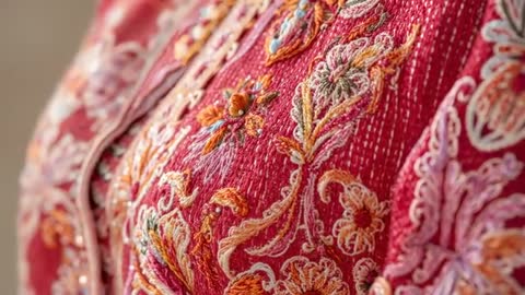 Close Up on Pink Embroidery Detailing Elegant Textile Patterns