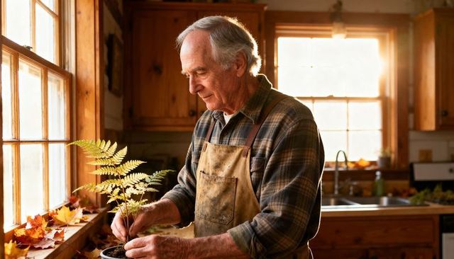 Senior man repotting fern on sunny kitchen windowsill, wearing apron and plaid shirt