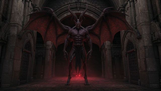 Demonic Creature Spreading Wings inside Gothic Hall