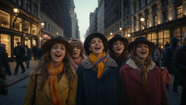 Festive Singing Women in Stylish Winter Attire on City Street