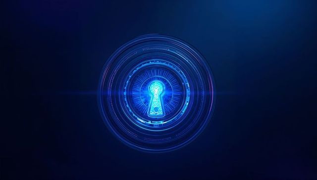 Futuristic neon blue keyhole on digital interface with circuit patterns