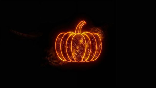 Glowing Neon Pumpkin with Light Sparks in Dark Digital Space
