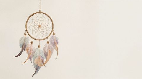 Bohemian dreamcatcher with feathers and beads against cream background