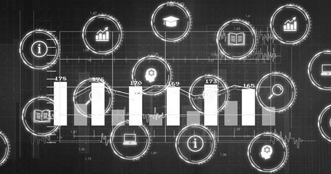 Displaying analytics dashboard with five-bar chart, hud nodes and digital data visuals