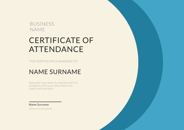 This sophisticated certificate of attendance template features a modern blue design, making it perfect for educational and corporate recognition. Ideal for awarding attendees for training sessions, seminars, conferences, or any professional achievements. Easily customizable for any business, school, or organization.