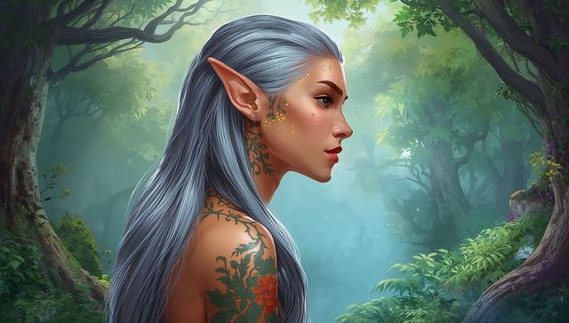 Mystical Elf Woman in Enchanted Forest with Silver Hair and Tattoos