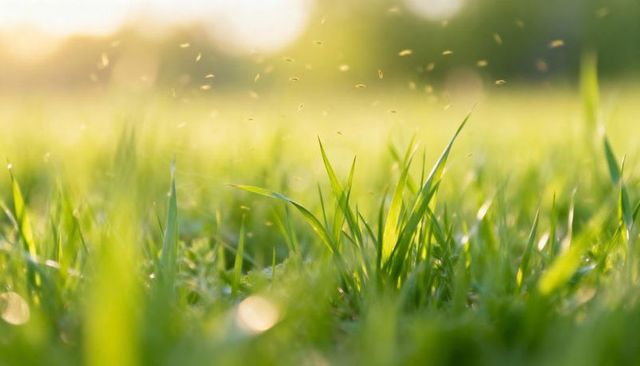 Sunlit meadow grass blades glowing with dew and drifting pollen, close-up warm bokeh