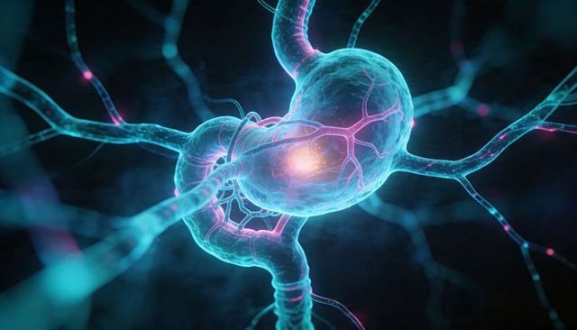 Glowing neuron soma transmitting electrical signals through dendrites and synapses