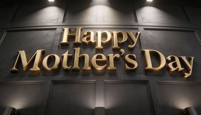 Gold 3d happy mother's day signage on dark panel wall with dramatic spotlight lighting