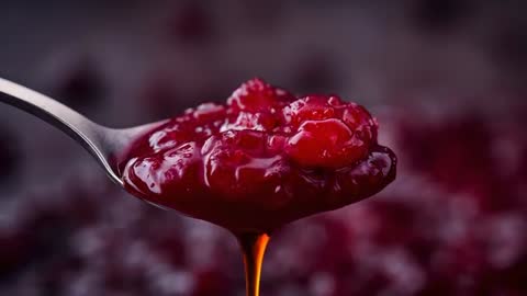 Dripping Berry Compote from Spoon in Close-up View