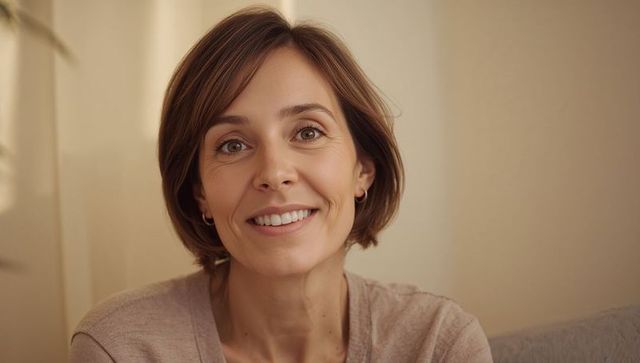 Smiling midlife woman on couch wearing knitwear and hoop earrings, cozy home portrait
