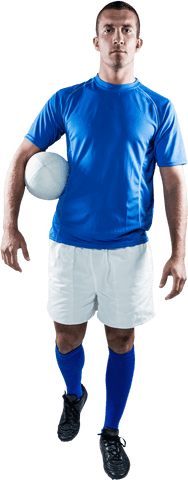 Confident Rugby Player in Blue Kit Holding Rugby Ball Transparent Background
