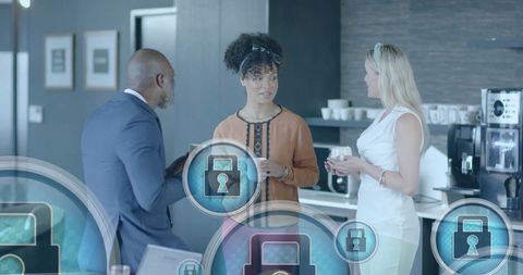 Diverse business meeting with digital security overlay