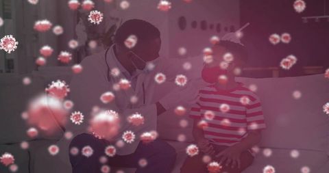 Doctor comforting masked child on sofa at home with virus overlay for health awareness