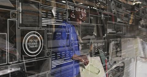 Retail analytics HUD overlay showing shopper carrying canvas bag reviewing inventory in smart store