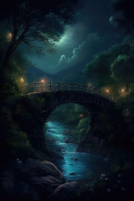 A serene nighttime forest scene featuring a beautifully illuminated bridge with glowing lanterns crossing over a small, mystical stream. The moonlit sky adds a magical ambiance to the scene. Ideal for use in fantasy-themed designs, fairy tale illustrations, and nature-inspired decor projects.