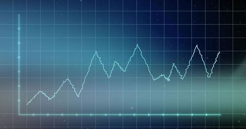 Glowing teal time series line chart on digital dashboard grid for analytics visualization