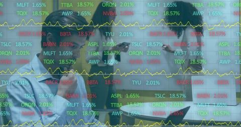 Financial Analysis with Diverse Team Discussing Data Trends at Office