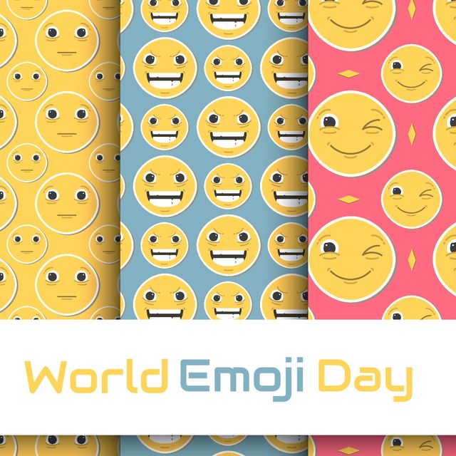 Illustration of various emoticons with world emoji text. celebration, emotion, small digital icon, emoticon, expression, vector.