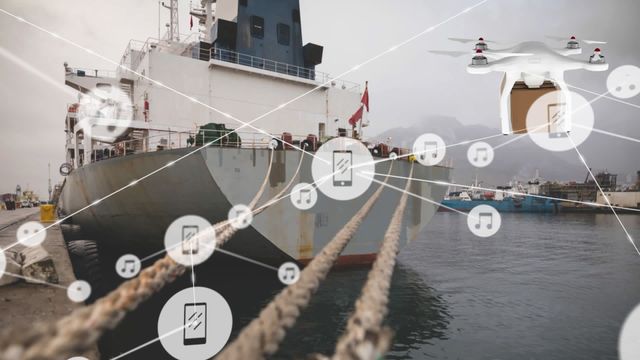 Large ship moored in port with drone carrying package symbolizing modern delivery systems. Digital overlays depict technological connectivity in global shipping operations. Use in articles or advertisements about logistics innovation, technological advancements in shipping, or modern transportation solutions influencing international trade dynamics.