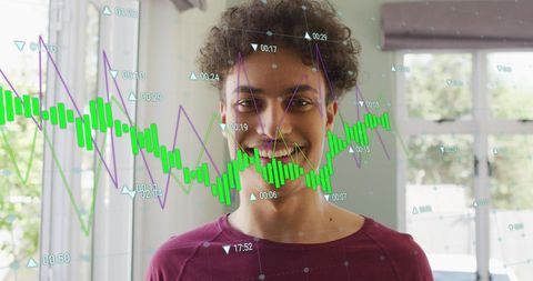 Smiling Man Overlaid with Green Financial Graphs Symbolizing Business Growth