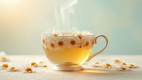 Steaming chamomile tea in daisy-adorned porcelain teacup on pastel teal tabletop