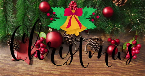 Festive Christmas Decorations with Text Animation on Wooden Background