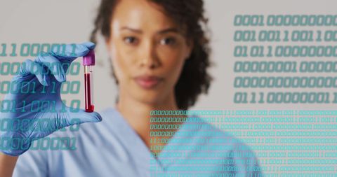 healthcare professional analyzing blood sample with binary code overlay - Download Free Stock Images Pikwizard.com