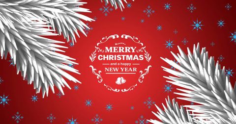 White fir tree branches and blue snowflakes on red background surround elegant holiday message, creating festive atmosphere perfect for Christmas card designs or seasonal advertisements. Ideal for promoting holiday events, sending digital greetings, or enhancing websites with a festive touch.