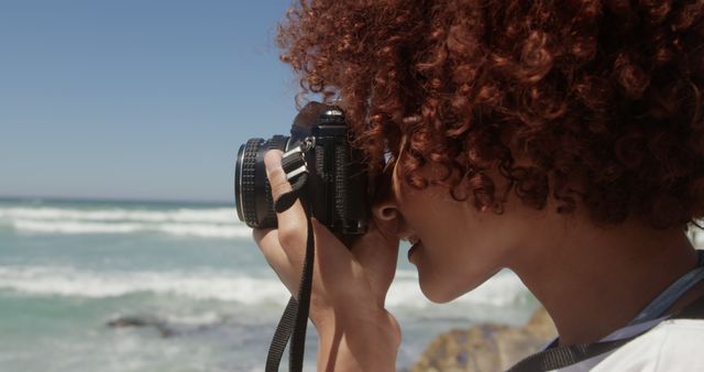 Woman Photographing Ocean Waves on Sunny Beach - Download Free Stock Images Pikwizard.com