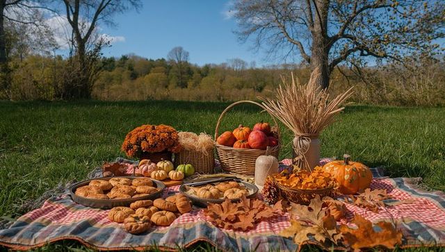 Autumn picnic display with baked goods in meadow setting