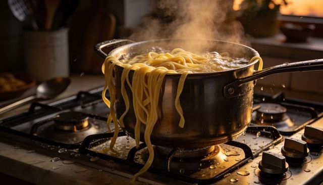 Boiling pasta overflowing stainless steel pot on gas stove with steam and water droplets