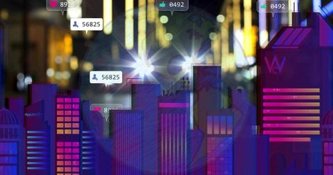 Neon cyberpunk cityscape with social media badges and futuristic glowing skyscrapers