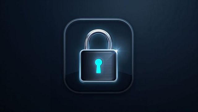 Shining chrome padlock with glowing cyan keyhole inside glossy rounded interface button