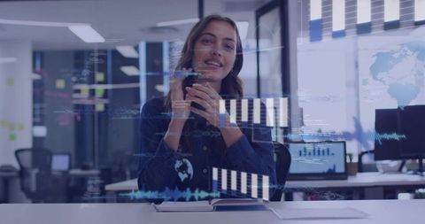 Presenting Woman Speaking to Camera with Holographic Analytics Overlays in Modern Office