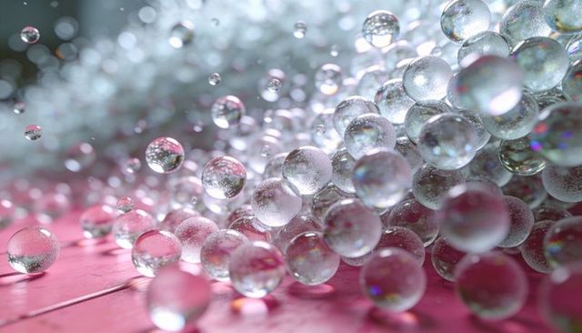 Scattering clear glass marbles creating iridescent spheres on pink wooden planks