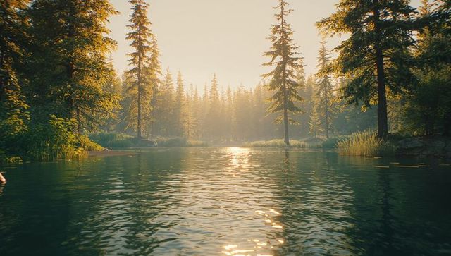 Serene Lake with Sunlit Forest Reflections