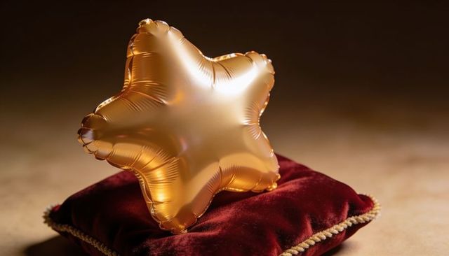 Glistening gold star balloon resting on burgundy velvet cushion with gold trim