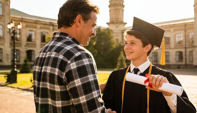 Teen graduate celebrating with father on historic campus holding diploma and smiling