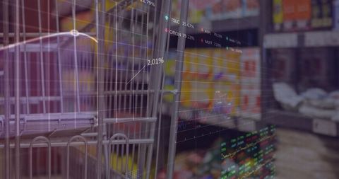 Blending shopping cart wireframe with stock market charts, illustrating retail consumer data trends