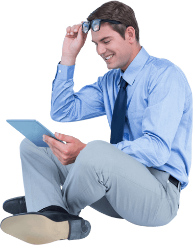 transparent man seated holding tablet smiling - Download Free Stock Videos Pikwizard.com