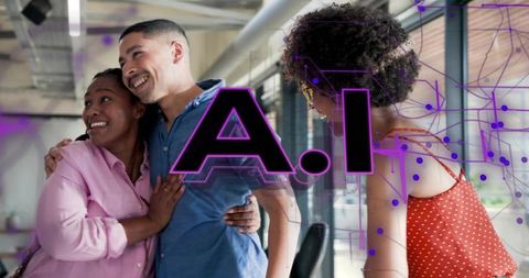 Diverse startup team celebrating success with ai overlay in modern open office workspace