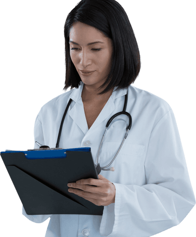 Transparent female doctor writing on clipboard with stethoscope