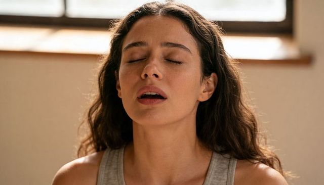 Young woman practicing deep breathing and mindful relaxation near sunlit window portrait