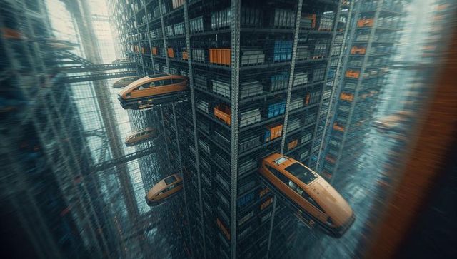 Futuristic Storage Hub with Autonomous Transport Pods