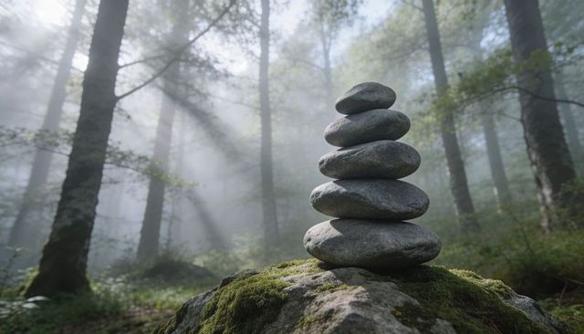 Balancing zen stone stack in misty forest with sunbeams creating tranquil nature scene