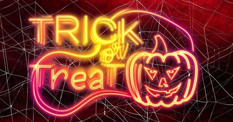 Neon Trick or Treat Sign with Pumpkin on Red Spider Web Background