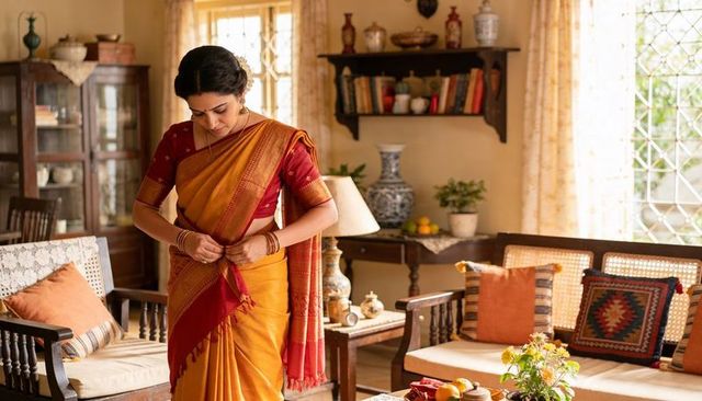 Woman adjusting mustard sari with red border in warm traditional living room interior
