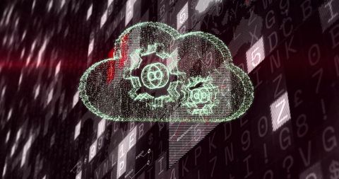 Holographic cloud icon with gears on digital network